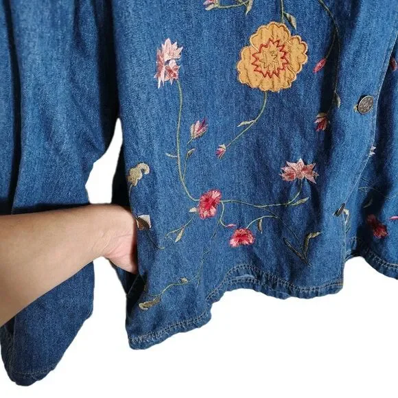 Vintage Embroidered Denim Shirt Jacket Womens 2X Floral Button Front Boho Folk - Picture 5 of 10